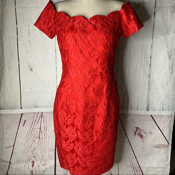 Vintage Dresses & Skirts - Vtg 90’s Red Lace Roberta Offshoulder Holiday Prom